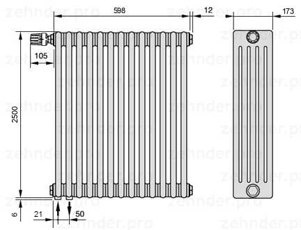 Схема (чертеж) Радиатор Zehnder Charleston 5250/13 №V001 Белый глянцевый RAL 9016